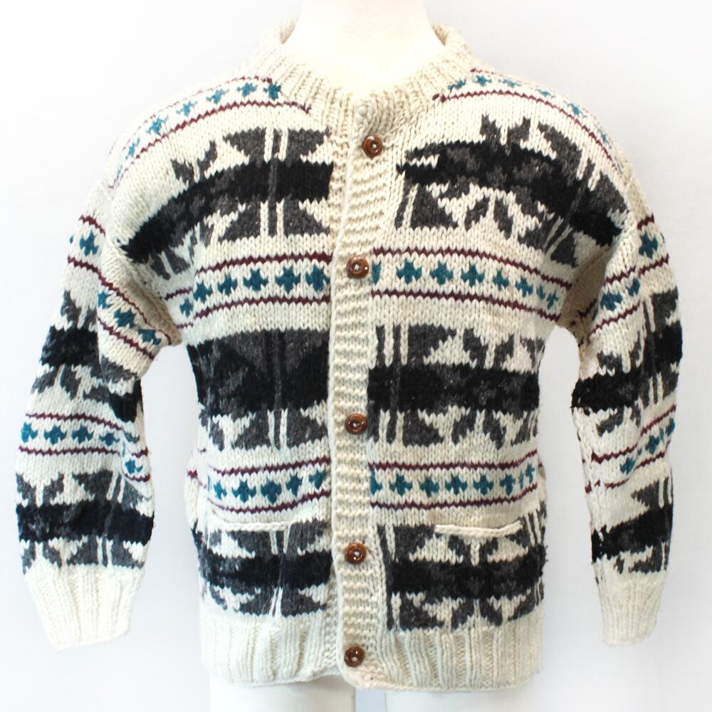 La Paz 100% Wool Beige Chunky Pockets Button Down Cardigan Sweater Large